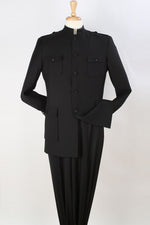 Apollo King Black Safari Suit Shoes - Mandarin Collar Military Style