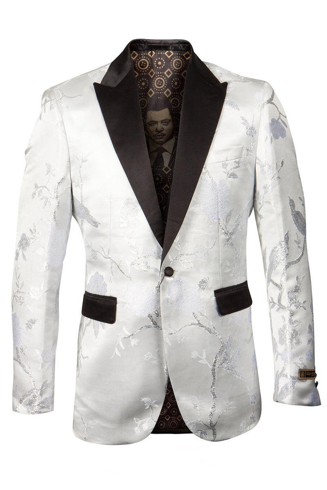 Look Men's Metallic Silver Floral Satin Printed Tuxedo Jacket for Prom & Weddings - Empire Look - USA Men's Outlet