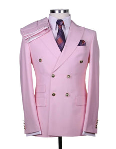 Mens Designer Modern Fit Double Breasted Wool Suit with Gold Buttons in Pink - Men's Tuxedo USA