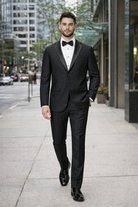 Tiglio Mens Slim Fit Black Wool Tuxedo – Satin Peak Lapel Formal Dinner Suit