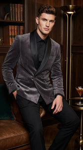 Mens Charcoal Gray Velvet Tuxedo Suit – Luxury Formal Wedding Suit with Black Shawl Lapel for Prom, Party Black Pants