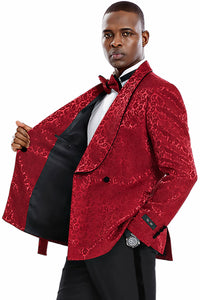"Burgundy Paisley Men's Slim Fit Double Breasted Tuxedo - Smoking Jacket for Prom & Wedding"