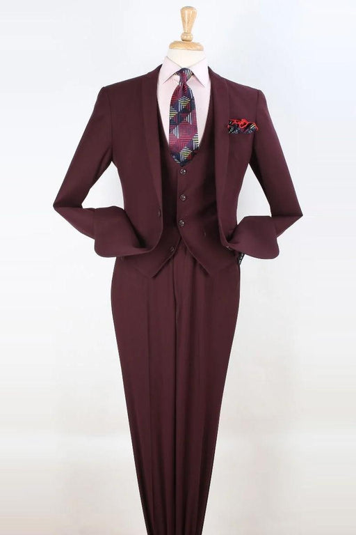 "Majestic Burgundy One-Button Slim Fit Vested Suit with Peak Lapel" - USA Men's Outlet