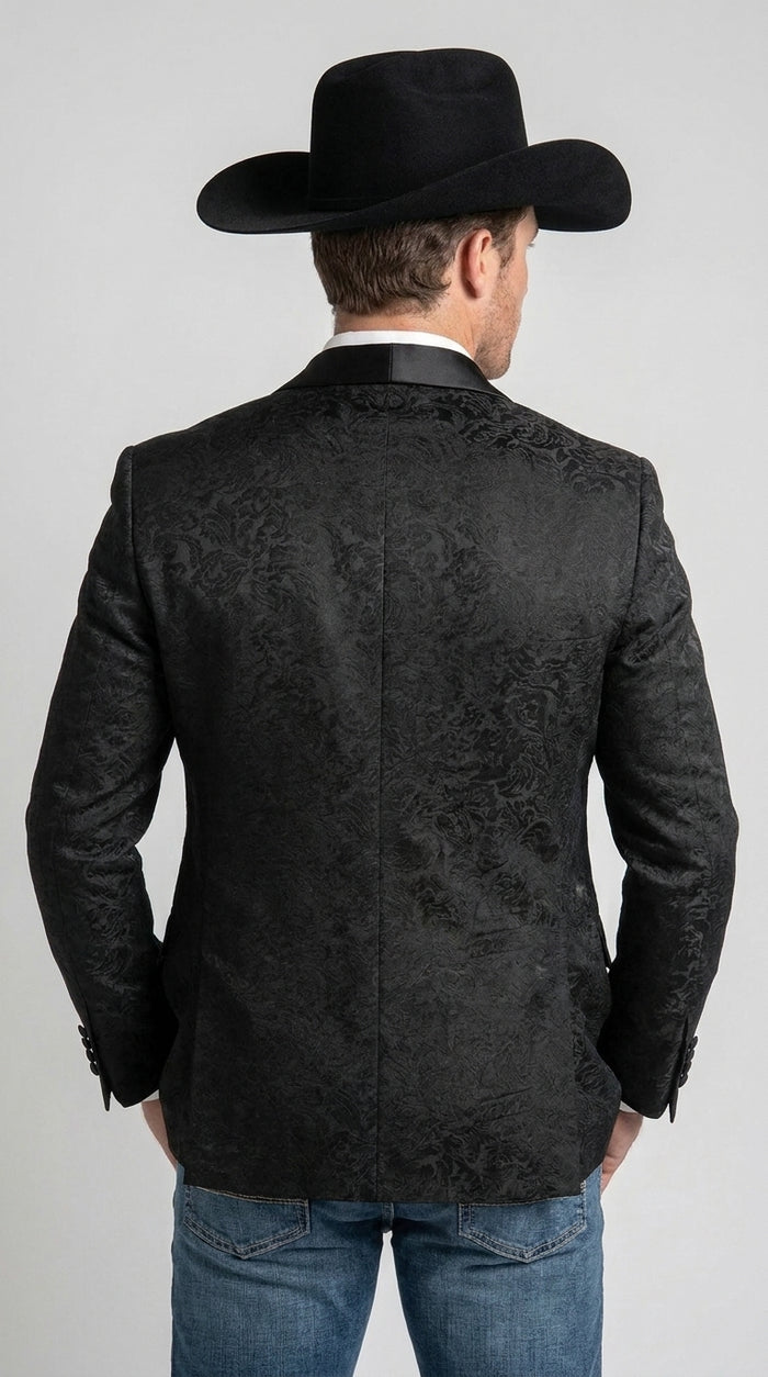 Men’s Black Paisley Jacquard Blazer, Satin Shawl Lapel Western Formal Designer Jacket
