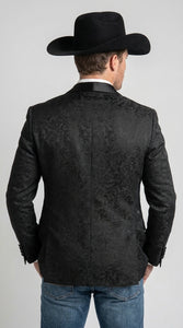 Men’s Black Paisley Jacquard Blazer, Satin Shawl Lapel Western Formal Designer Jacket