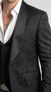 Men’s Black Paisley Jacquard Blazer, Satin Shawl Lapel Western Formal Designer Jacket
