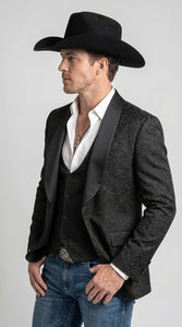 Men’s Black Paisley Jacquard Blazer, Satin Shawl Lapel Western Formal Designer Jacket