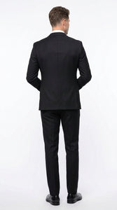Men’s Black Wool Suit with One Button Peak Lapel Jacket and Double Breasted Vest