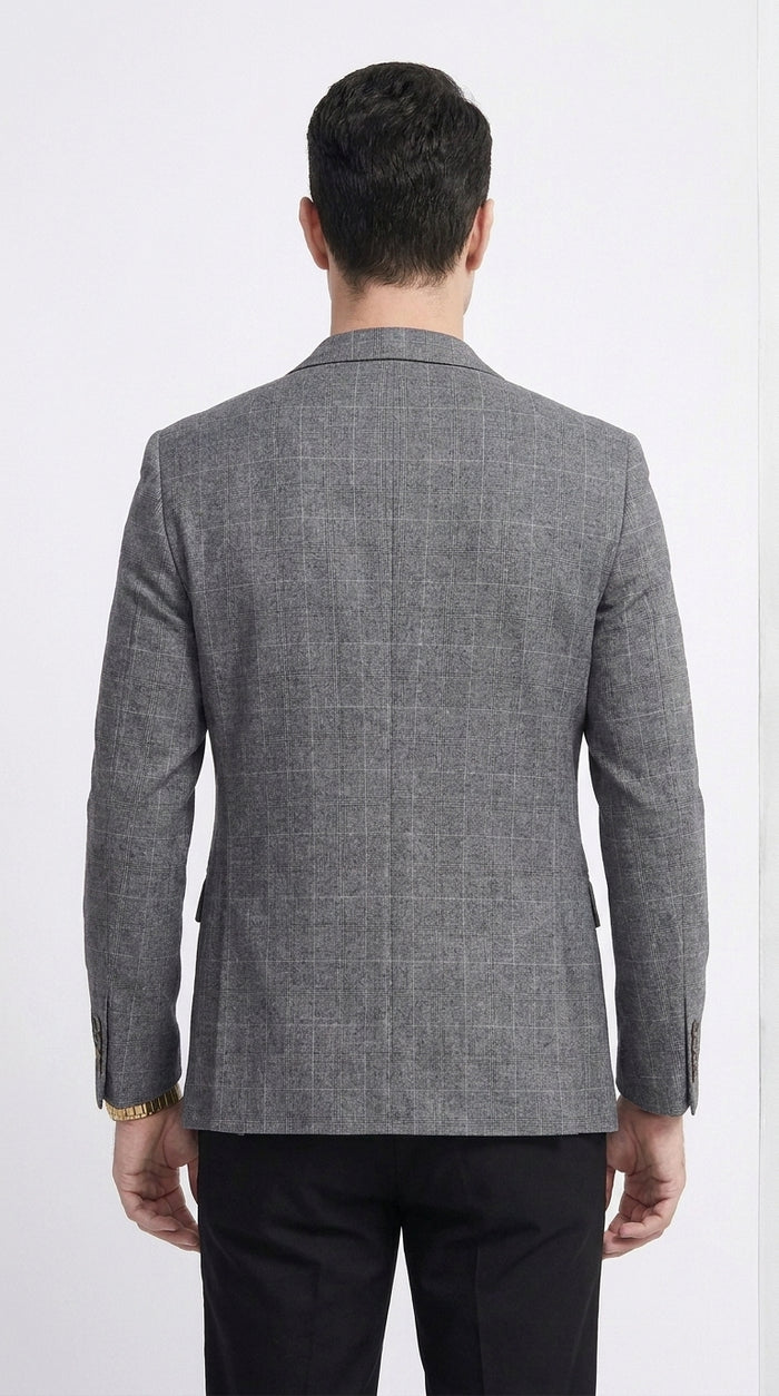 Tazio Men’s Charcoal Grey Plaid Sport Coat, 2 Button Windowpane Dress Blazer