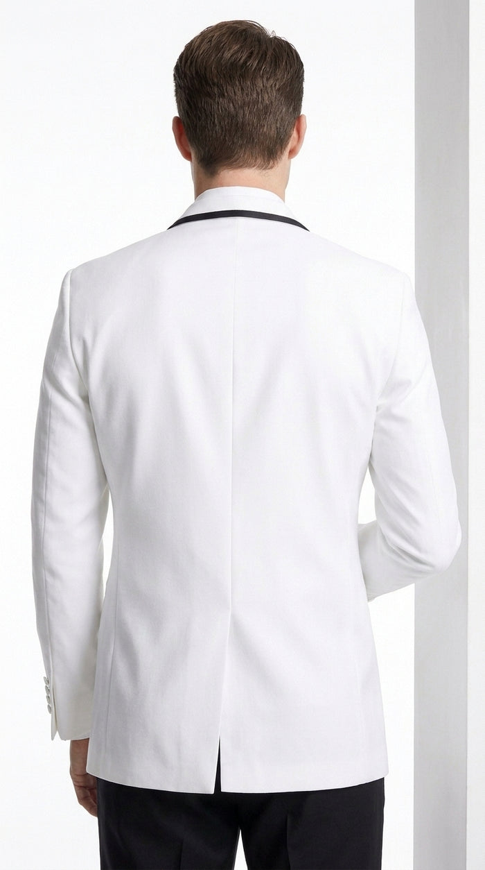Men’s Designer White Dinner Jacket with Black Trim, Traditional Formal Wedding Prom Tuxedo Blazer