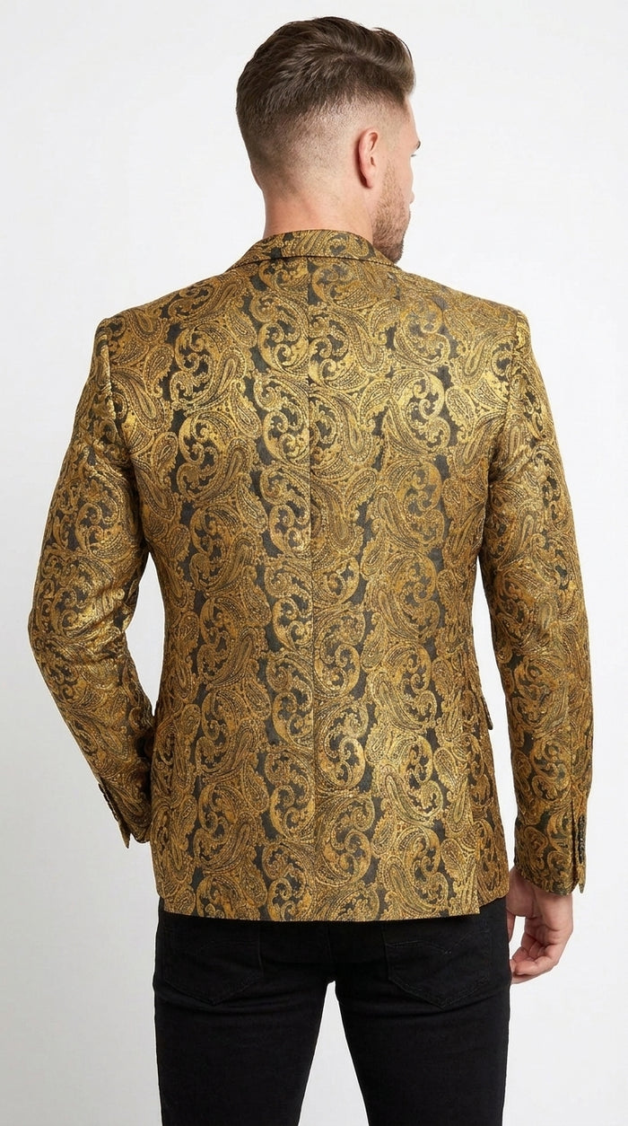 Men’s Gold Dinner Blazer, Baroque Paisley Formal Party Sport Coat