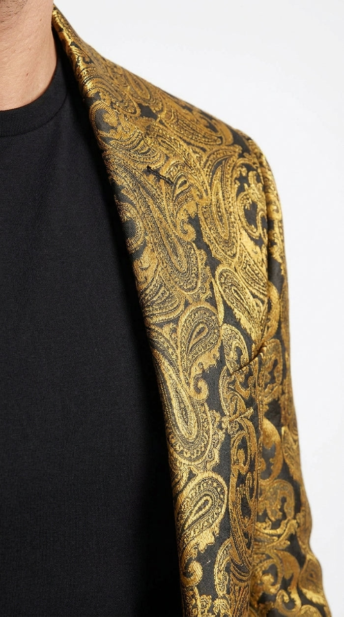 Men’s Gold Dinner Blazer, Baroque Paisley Formal Party Sport Coat