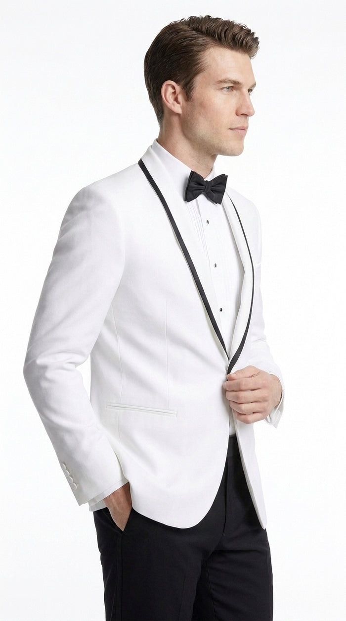 Men’s Designer White Dinner Jacket with Black Trim, Traditional Formal Wedding Prom Tuxedo Blazer