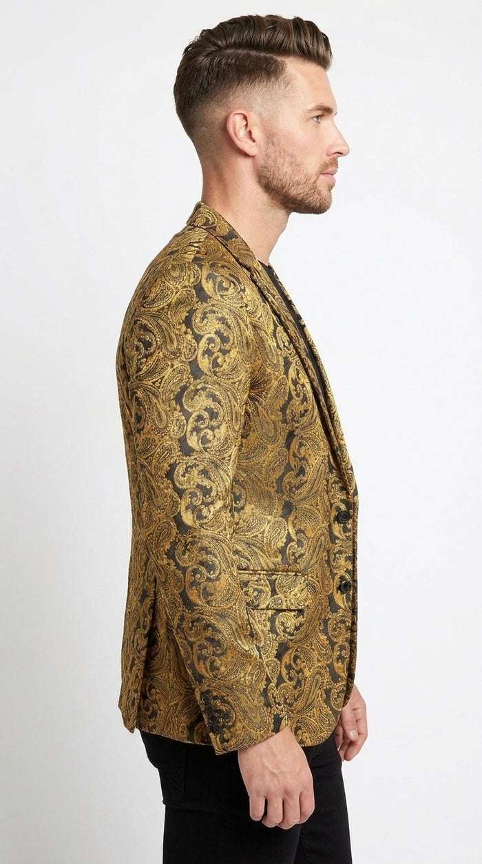 Men’s Gold Dinner Blazer, Baroque Paisley Formal Party Sport Coat