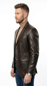 Zacchi Men’s Brown Crocodile Print Leather Feel Blazer, Italian Cut 2 Button Big and Tall Jacket