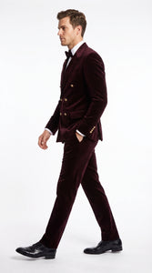 Men’s Rossi Man Zeus Dark Brown Velvet Double Breasted Tuxedo Suit, Formal Wedding Prom Dinner Suit Set