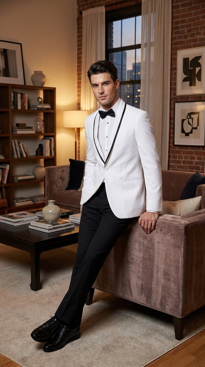 Men’s White Prom Tuxedo Suit with Black Trim, White Wedding Tuxedo for Prom, Groom & Formal Events