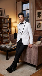 Men’s White Prom Tuxedo Suit with Black Trim, White Wedding Tuxedo for Prom, Groom & Formal Events