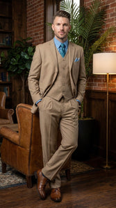 Men’s Tan 3 Button Classic Fit Vested Suit, Formal Wedding Business Dress Suit