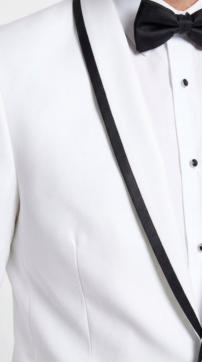 Men’s White Prom Tuxedo Suit with Black Trim, White Wedding Tuxedo for Prom, Groom & Formal Events