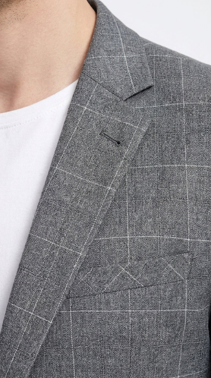 Tazio Men’s Charcoal Grey Plaid Sport Coat, 2 Button Windowpane Dress Blazer