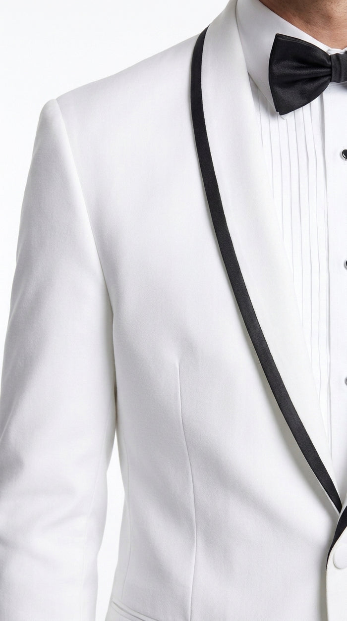 Men’s Designer White Dinner Jacket with Black Trim, Traditional Formal Wedding Prom Tuxedo Blazer