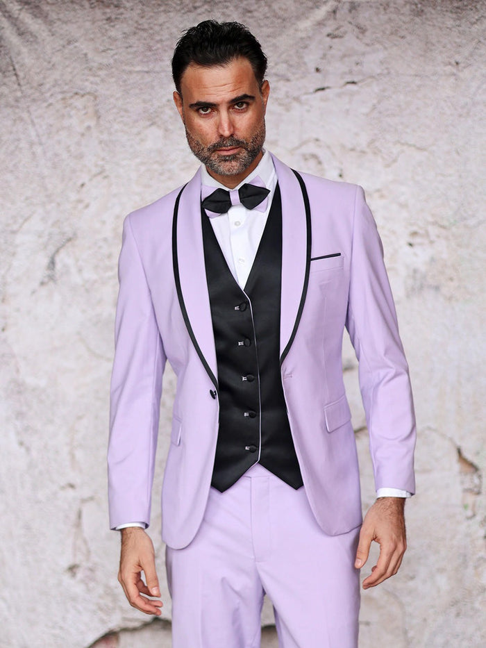 Manzini Mens Fashionable Lavender Fitted Prom Suit Tuxedo Sunset Lavender Prom Suit