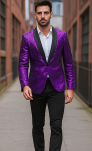 Mardi Gras Outfit - Mardi Gras Glitter Blazer For Men in Color Purple in Sequin Fabric