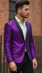 Mardi Gras Outfit - Mardi Gras Glitter Blazer For Men in Color Purple in Sequin Fabric