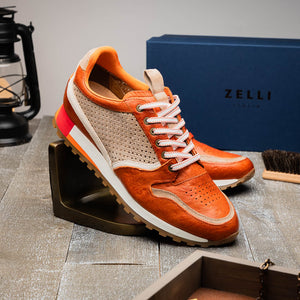 Zelli Matteo Calfskin and Perforated Suede Sneaker in Burnt Orange