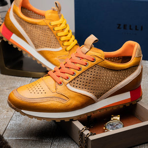 Zelli Matteo Calfskin and Perforated Suede Sneakers in Mustard