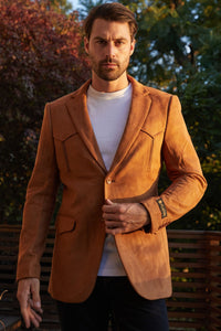 Men’s Double-Button Faux Suede Blazer in Camel