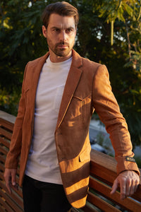 Men’s Double-Button Faux Suede Blazer in Camel