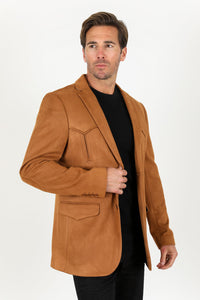 Men’s Double-Button Faux Suede Blazer in Camel