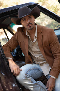 Men’s Double-Button Faux Suede Blazer in Camel