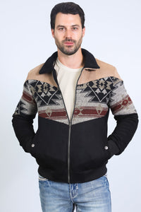 Men’s Tribal Aztec Quilted Jacket – Black & Beige Twill with Suede Touch