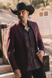 Burgundy Western Cowboy Blazer - Mens Modern Fit Stretch Date Night Burgundy Blazer