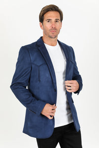Men’s Navy Faux Suede Blazer – Double Button Smart Casual Jacket