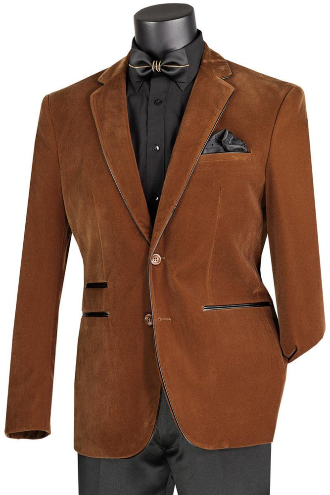 Men's 2-Button Brown Velvet Blazer w/Black Leather Piping by Vinci - USA Men's Outlet