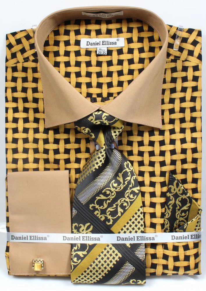 Men's Andristo Contrast Collar French Cuff Dress Shirt & Tie Set in Black & Mustard by Daniel Ellissa - USA Men's Outlet