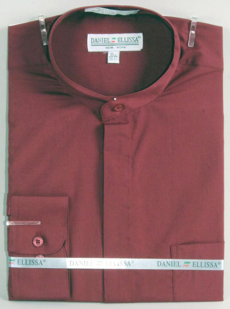 Men's Banded Collar French Dress Shirt in Burgundy by Daniel Ellissa - USA Men's Outlet