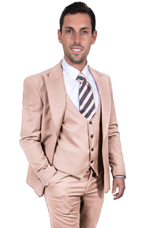 Men's Beige Vested Peak Lapel Stacy Adams One Button Suit - USA Men's Outlet