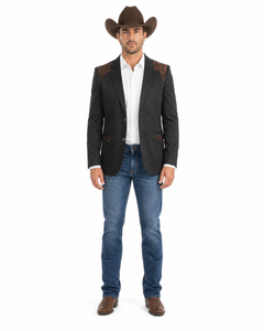 Men’s Black & Brown Western Blazer – Cowboy Sport Coat with Brown Embroidered Shoulder & Back Design
