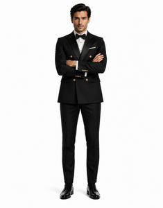 Men’s Black Double-Breasted Tuxedo – Classic Shawl Lapel Suit with Gold Buttons for Weddings, Galas, and Black Tie Events