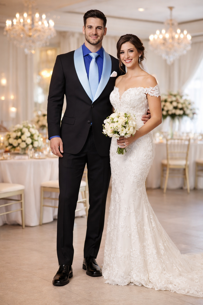 Men’s Black Tuxedo Suit with White & Sky Blue Shawl Lapel – Modern Fit Wedding Wear