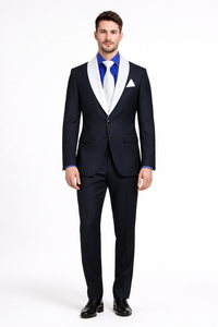Men’s Black Tuxedo Suit with White & Sky Blue Shawl Lapel – Modern Fit Wedding Wear
