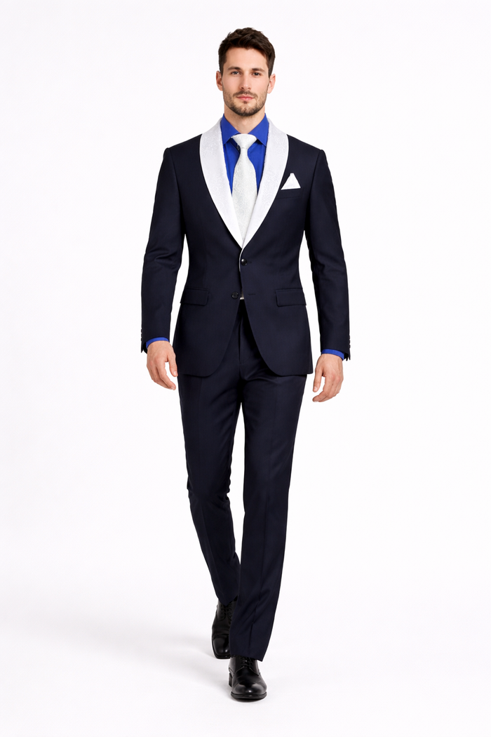 Men’s Black Tuxedo Suit with White & Sky Blue Shawl Lapel – Modern Fit Wedding Wear