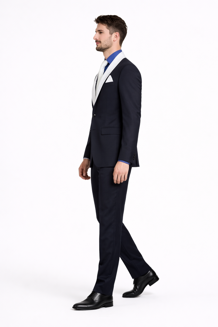 Men’s Black Tuxedo Suit with White & Sky Blue Shawl Lapel – Modern Fit Wedding Wear