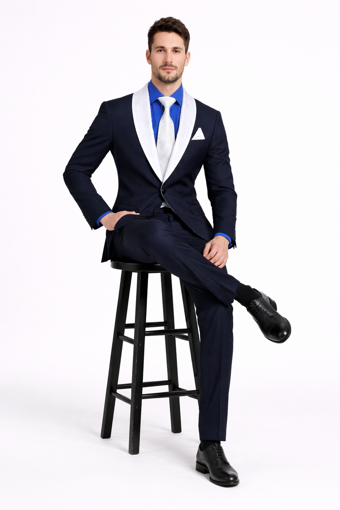 Men’s Black Tuxedo Suit with White & Sky Blue Shawl Lapel – Modern Fit Wedding Wear