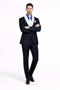 Men’s Black Tuxedo Suit with White & Sky Blue Shawl Lapel – Modern Fit Wedding Wear
